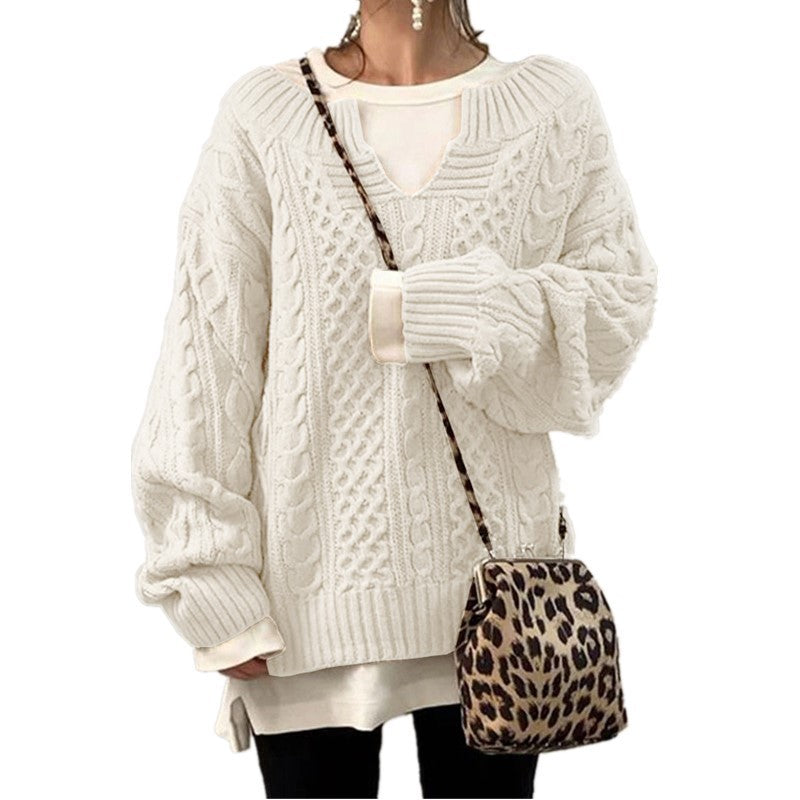 Damen nan weit geschnittener Strickpullover mit Zopfmuster und V-Ausschnitt Drune