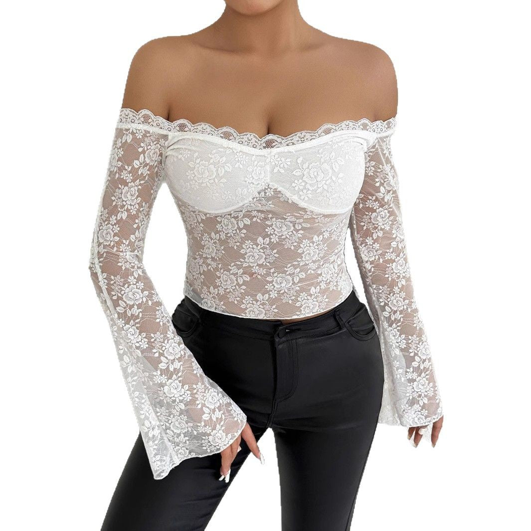 Damen Spitzenoberteil mit schulterfreiem Design und eleganten Trompetenärmeln Drune
