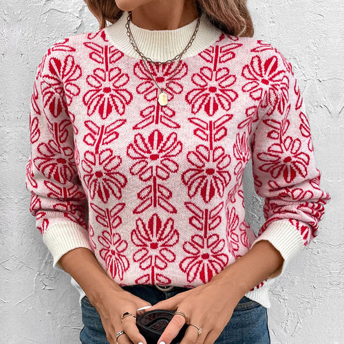 Damen Strickpullover mit floralem Muster und Stehkragen Drune