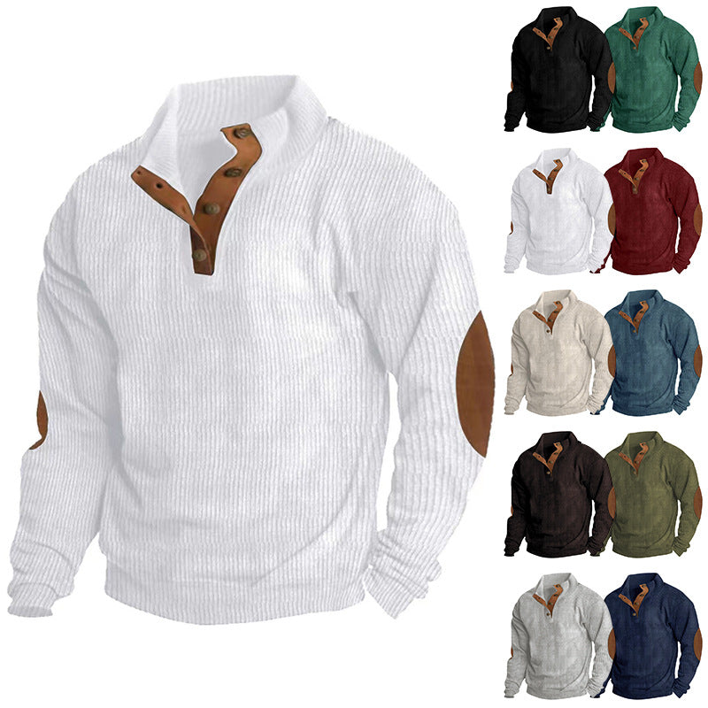 Herren nan gerippter Strickpullover mit Stehkragen und dekorativen Ellenbogenpatches Drune