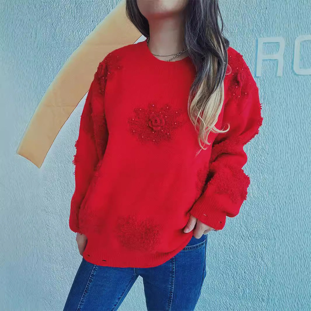 Damen Strickpullover mit romantischen Blumenapplikationen und weichem Material Drune