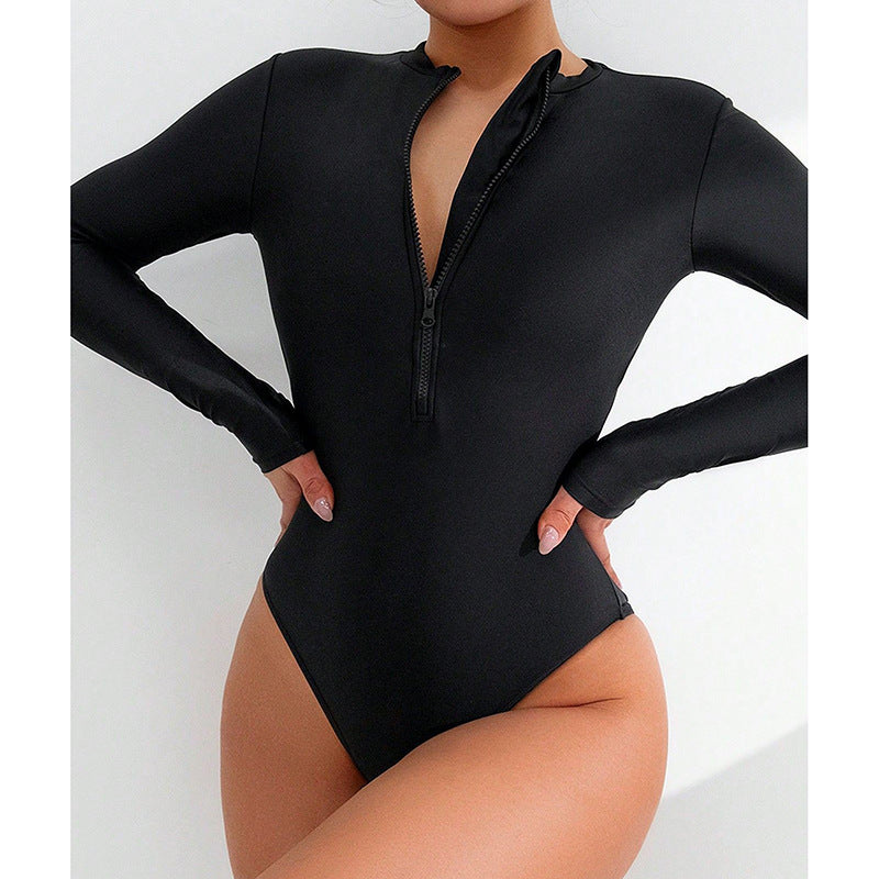 Damen Eleganter Einteiler Badeanzug mit Reißverschluss und langen Ärmeln Drune