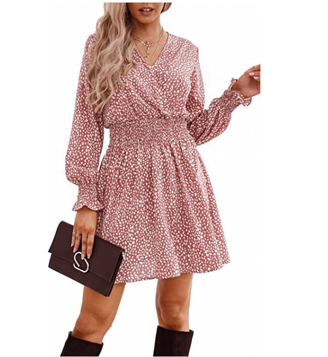 Damen modisches Kleid mit figurbetontem Gummizug und langen Ärmeln Drune
