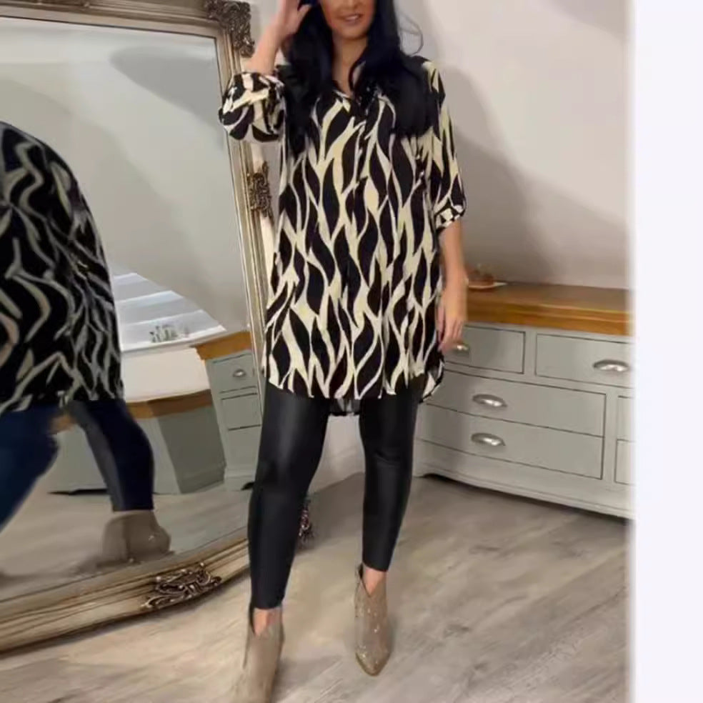 Damen Blusenkleid mit modernem Grafikdesign und asymmetrischem Saum Drune