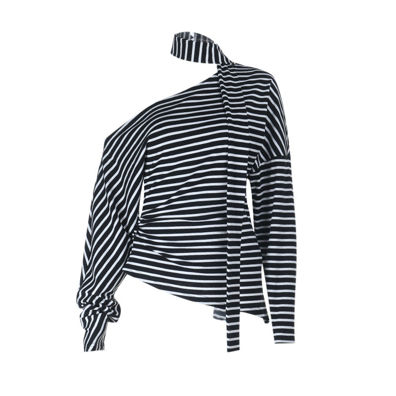 Damen asymmetrisches Langarmshirt mit modischen Streifen und Neckholder Drune