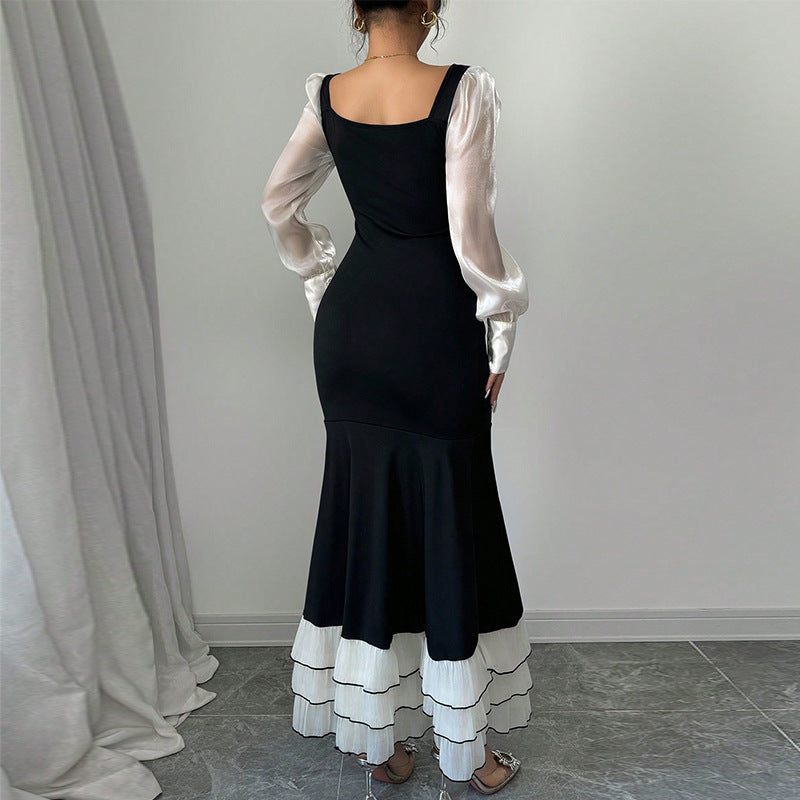 Damen elegantes Maxikleid mit transparenten Puffärmeln und Rüschensaum Drune
