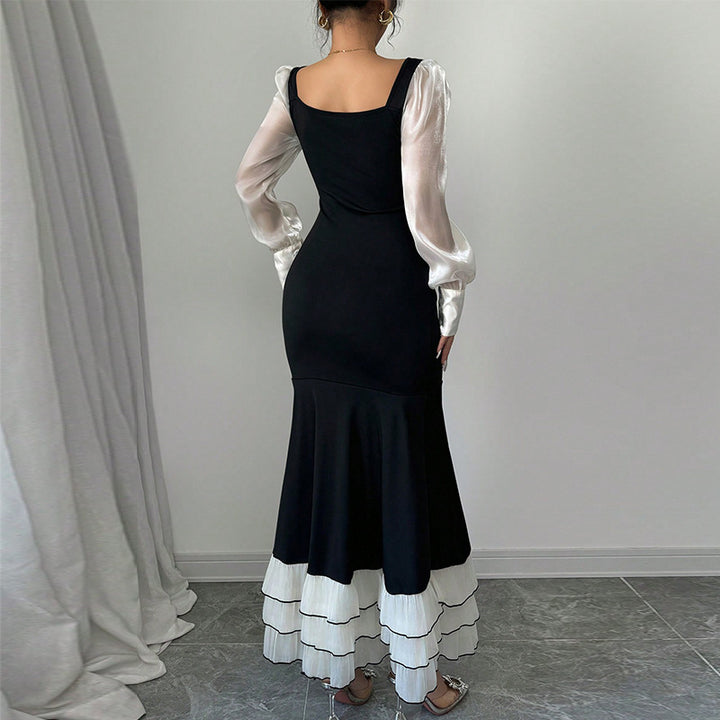Damen elegantes Maxikleid mit transparenten Puffärmeln und Rüschensaum Drune