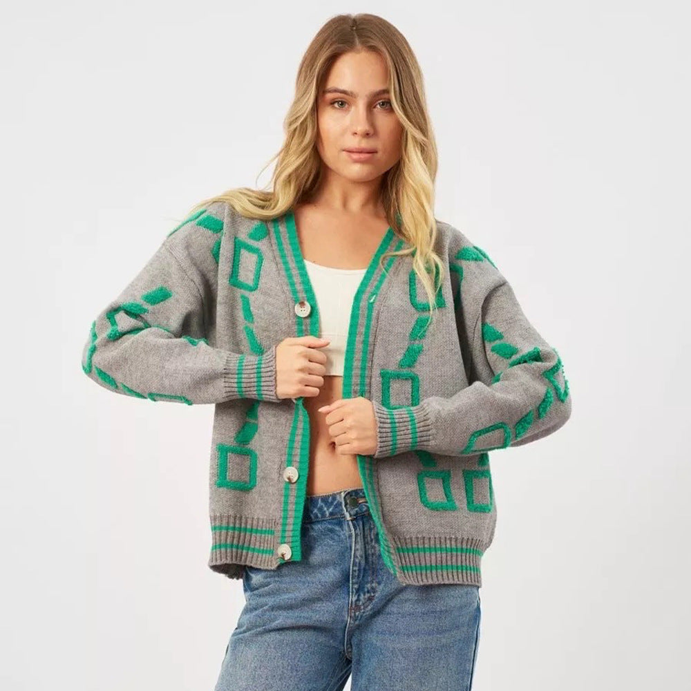 Damen modische Strickjacke mit geometrischem Muster und Knopfleiste Drune