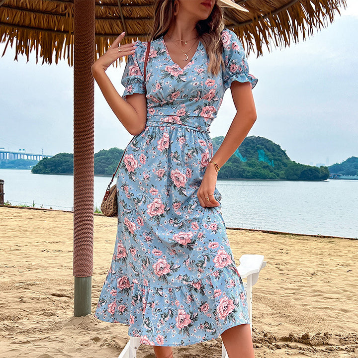 Damen florales Midikleid mit Rüschendetails und Taillierung Drune