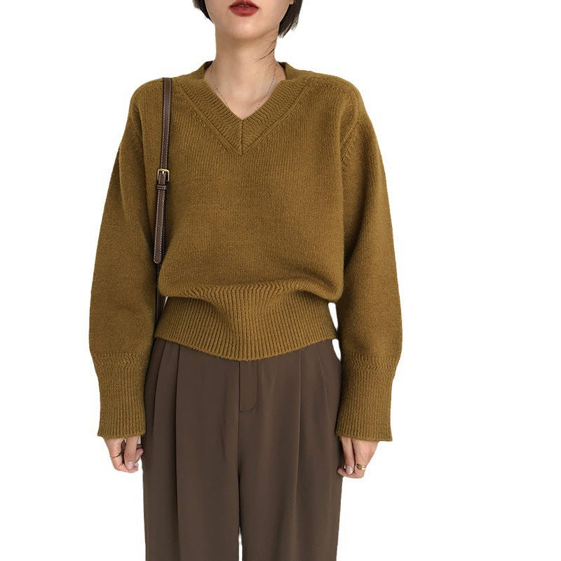 Damen V-Ausschnitt Pullover mit weitem Bündchen Drune