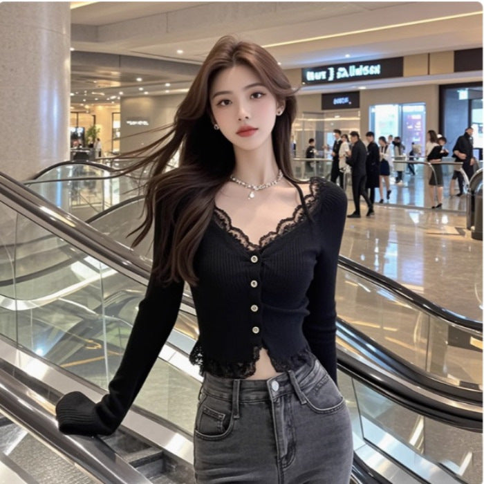 Damen elegantes Langarmshirt mit Spitzenbesatz Drune