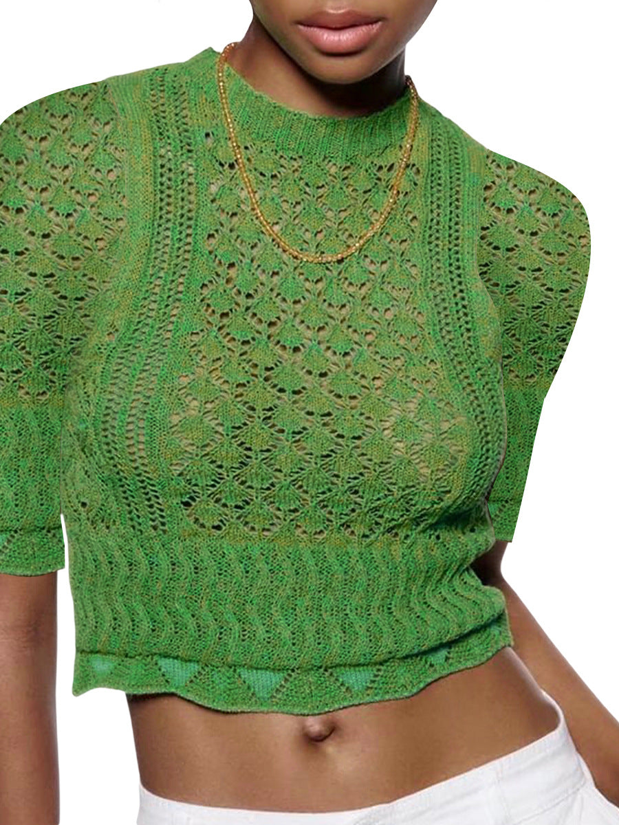 Damen Print Strickoberteil mit luftiger Netzstruktur und modischem Crop-Schnitt Drune