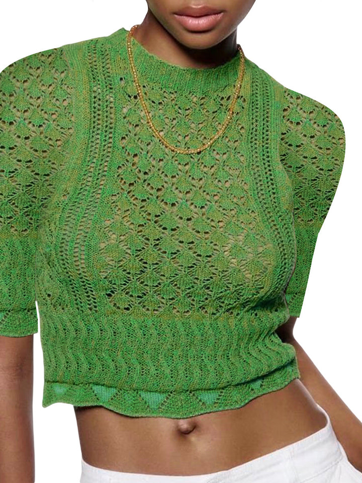 Damen Print Strickoberteil mit luftiger Netzstruktur und modischem Crop-Schnitt Drune