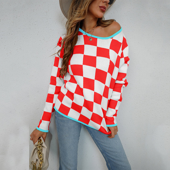 Damen lässiger Pullover mit Checkerboard-Muster Drune