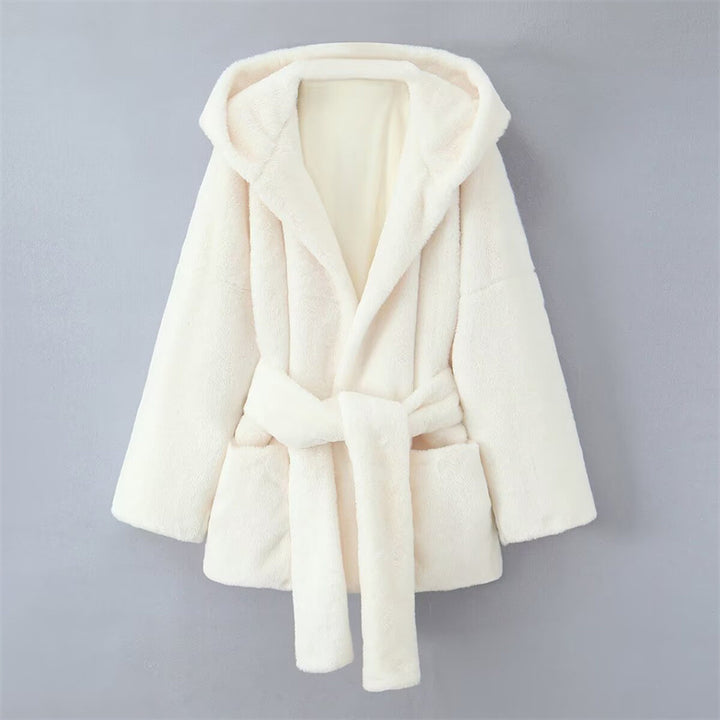 Damen kuschelige Fleecejacke mit Kapuze und Gürtel Drune