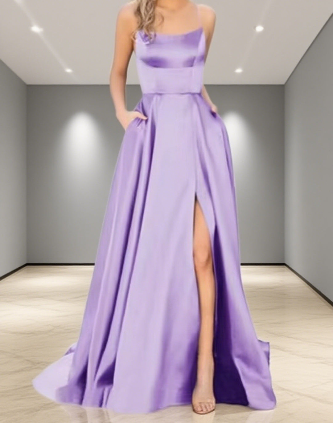 Damen Elegantes Abendkleid mit seitlichem Schlitz und schmalen Spaghetti-Trägern Drune