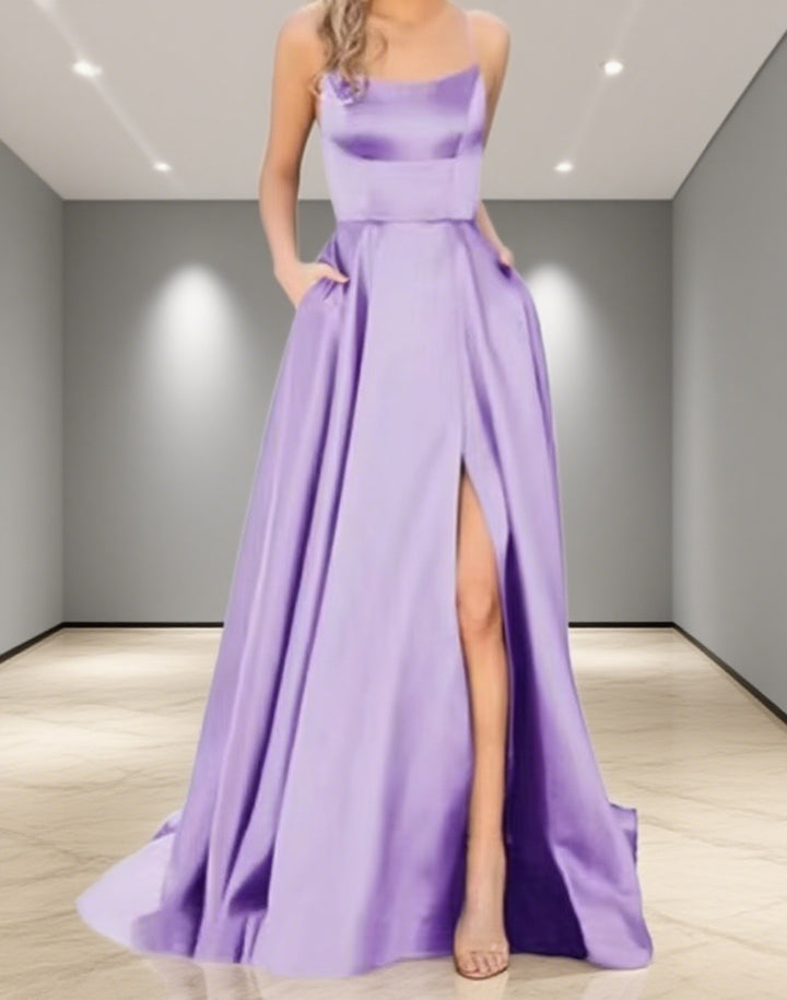 Damen Elegantes Abendkleid mit seitlichem Schlitz und schmalen Spaghetti-Trägern Drune