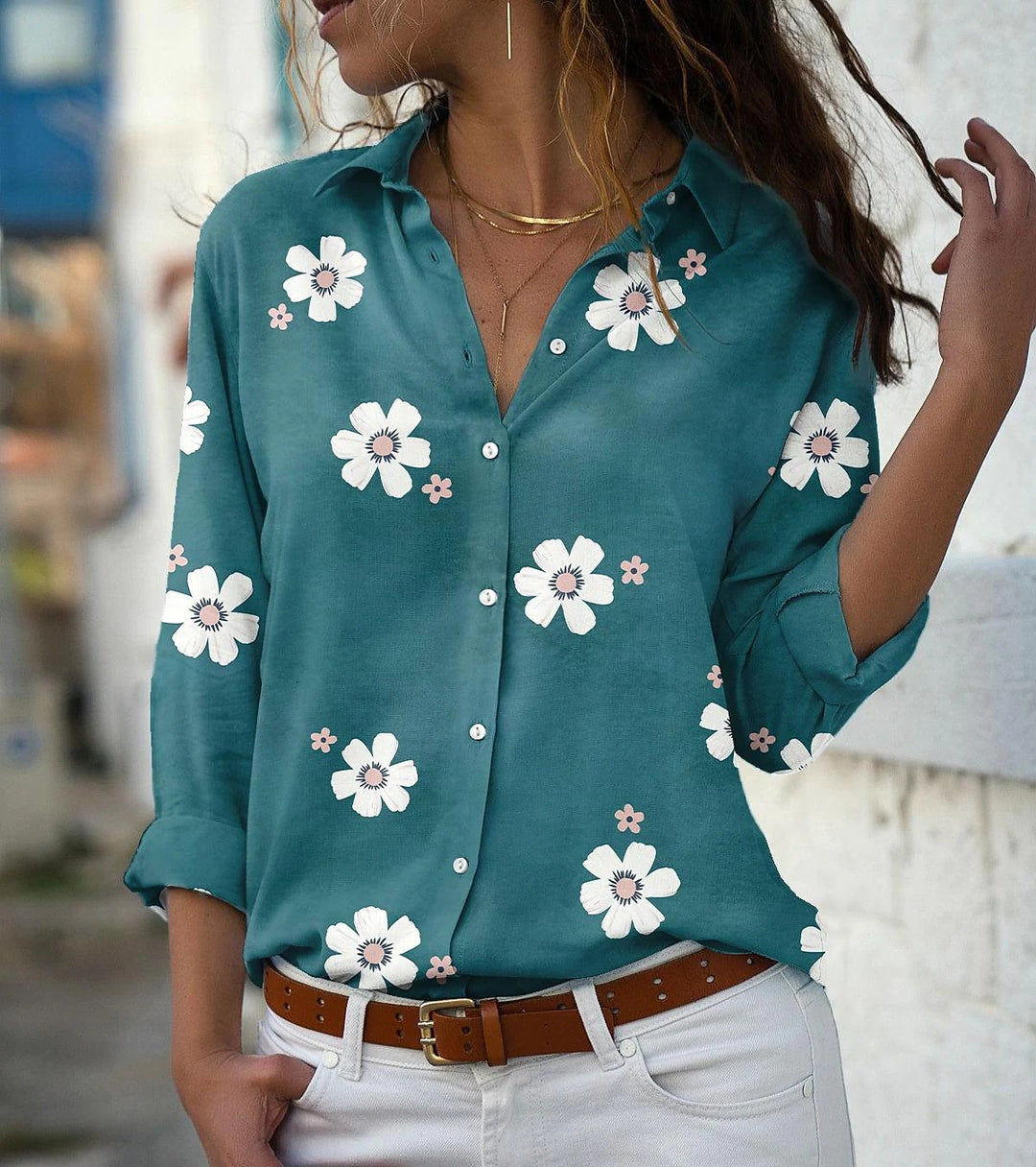 Damen Baumwollbluse mit floralem Muster Drune
