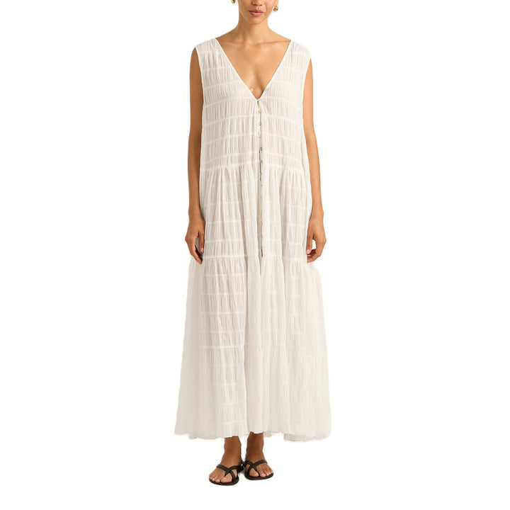 Damen Maxikleid mit tiefem V-Ausschnitt und gestuftem Design Drune
