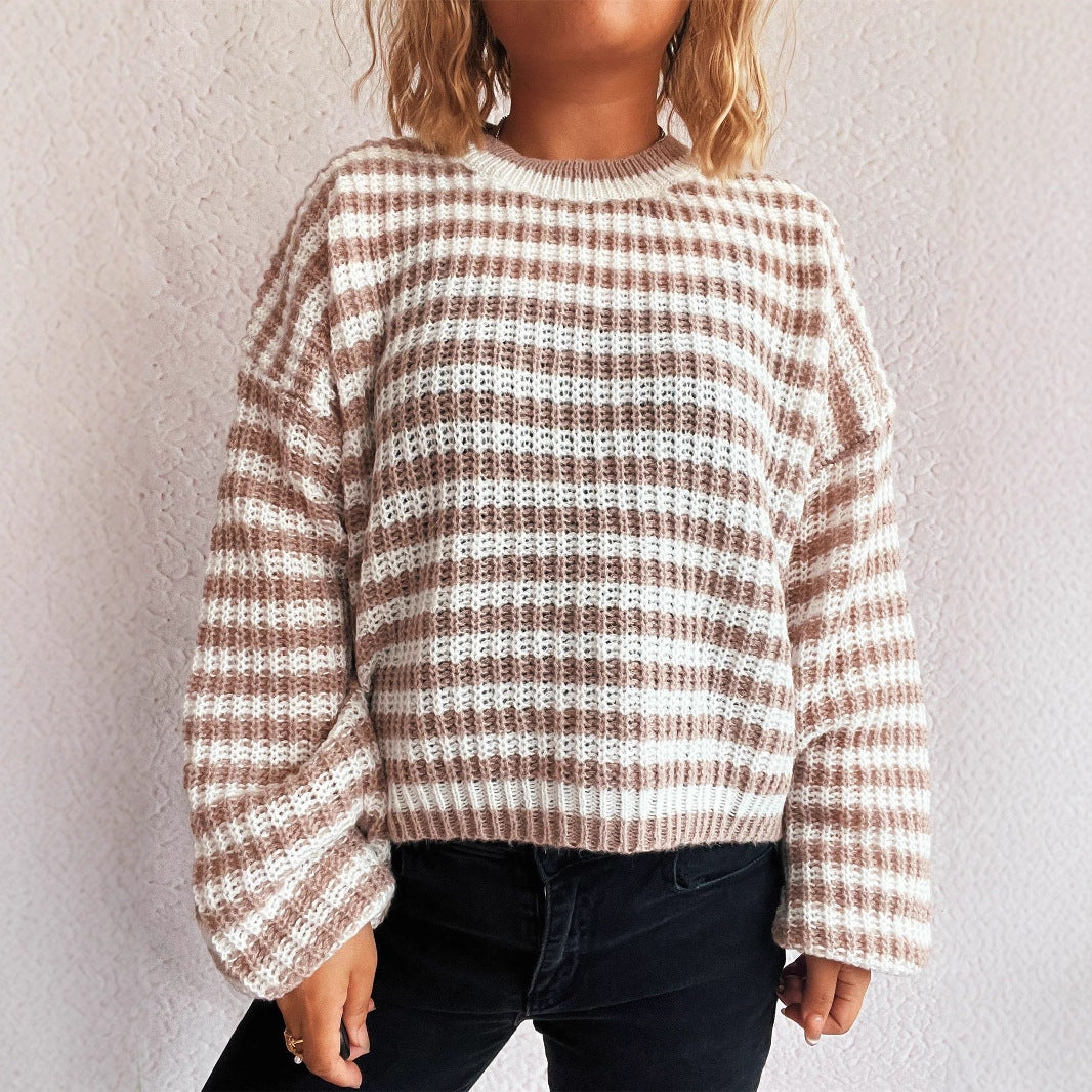 Damen lässiger Strickpullover mit breiten Streifen Drune