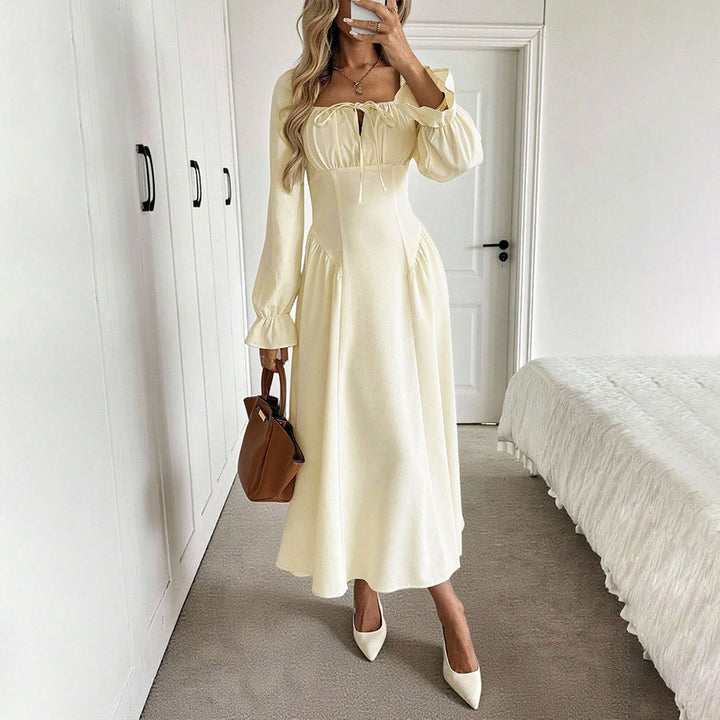 Damen elegantes Maxikleid mit raffiniertem Kordelzug und Puffärmeln Drune