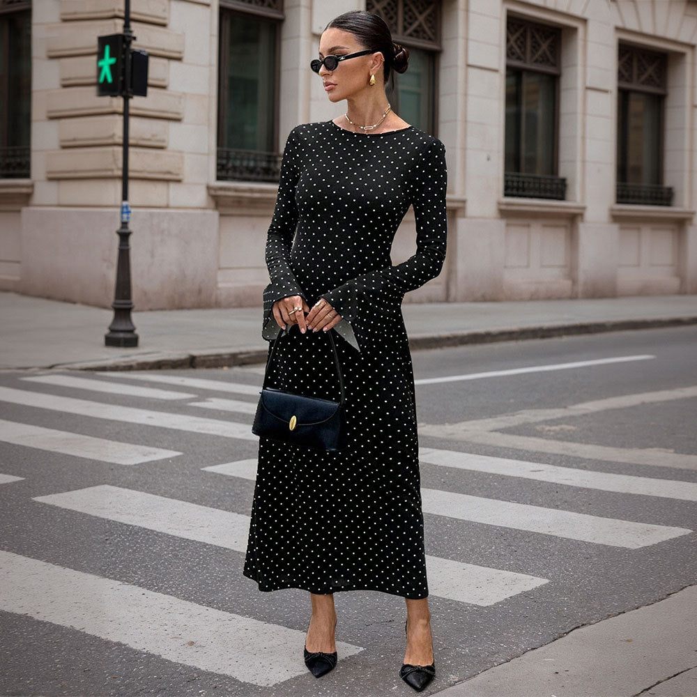 Damen Maxi-Kleid mit modischem Punkte-Dessin und eleganten Ärmeln Drune