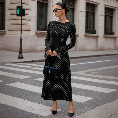 Damen Maxi-Kleid mit modischem Punkte-Dessin und eleganten Ärmeln Drune