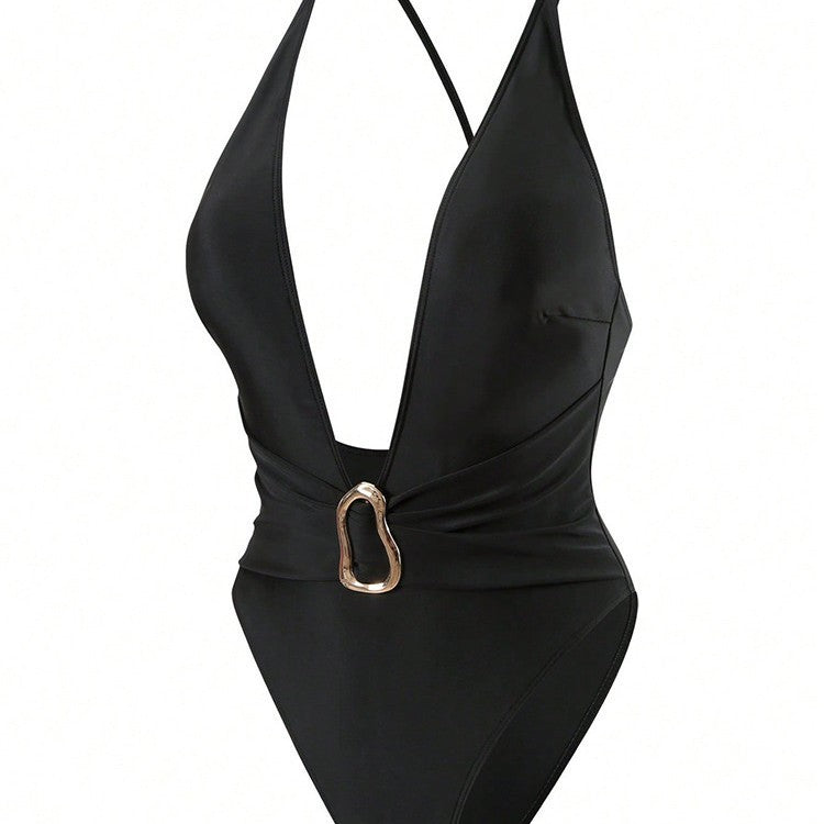 Damen Einteiliges Badeanzug mit tiefem V-Ausschnitt und elegantem Gold-Detail Drune