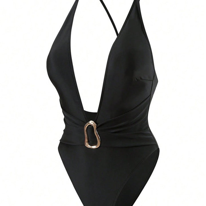 Damen Einteiliges Badeanzug mit tiefem V-Ausschnitt und elegantem Gold-Detail Drune