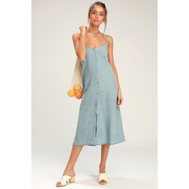 Damen lässiges Midi-Kleid mit Knopfleiste und Spagettiträgern Drune