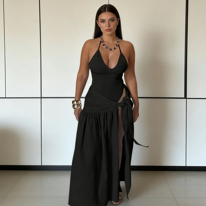 Damen Elegantes Bodenkleid mit Wickeldesign und Raffungen Drune
