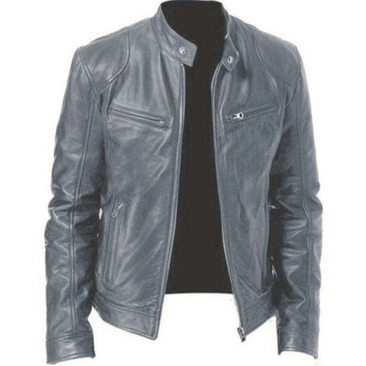 Herren nan schlanke Echtleder-Bikerjacke mit Stehkragen, zwei Brust-Reißverschlusstaschen und geradliniger Silhouette Drune