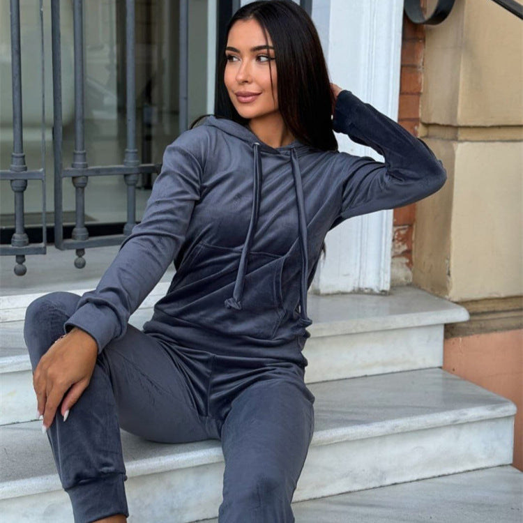 Damen elegantes Velours-Loungewear-Set mit Kapuze und elastischen Bündchen Drune