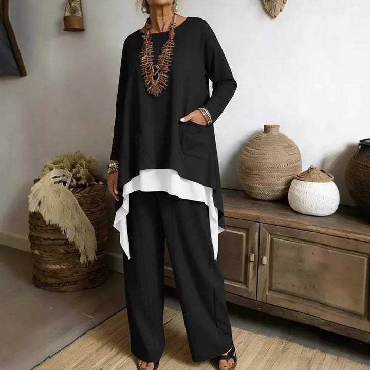 Damen lässiges Ensemble aus asymmetrischem Oberteil und weitem Hosen Drune