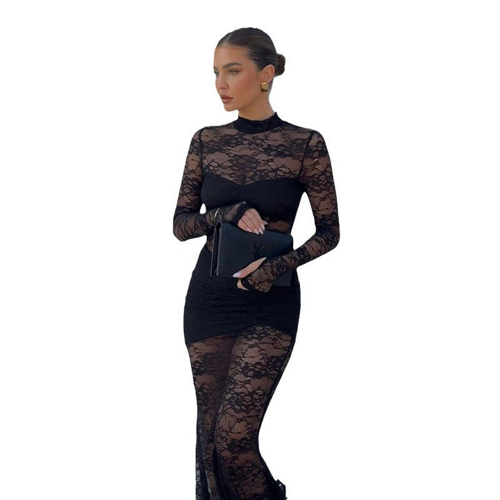 Damen Spitzenmaxikleid mit transparentem Langarmdesign und figurformendem Schnitt Drune