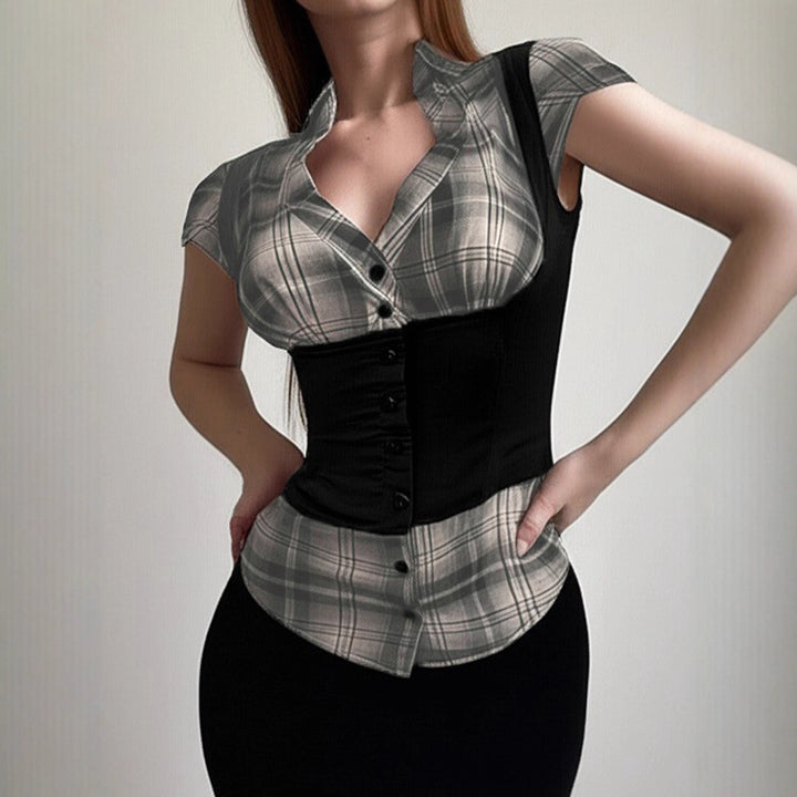 Damen karierte Bluse mit figurbetonendem Schnitt und stylishen Akzenten Drune