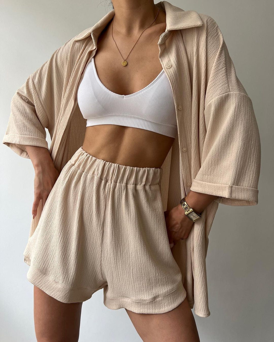 Damen lässiges Hemd und Shorts Set mit strukturiertem Stoff Drune