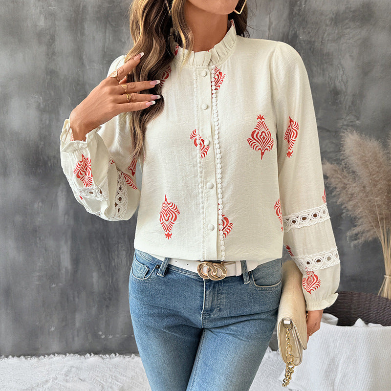 Damen Bluse mit romantischer Stickerei und Rüschendetails Drune