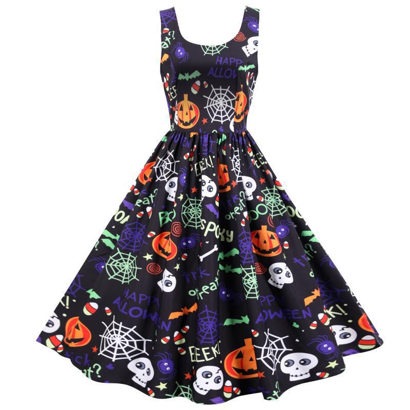 Damen Swingkleid mit Halloween-Motiven und eleganter A-Linien-Silhouette Drune