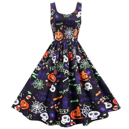 Damen Swingkleid mit Halloween-Motiven und eleganter A-Linien-Silhouette Drune