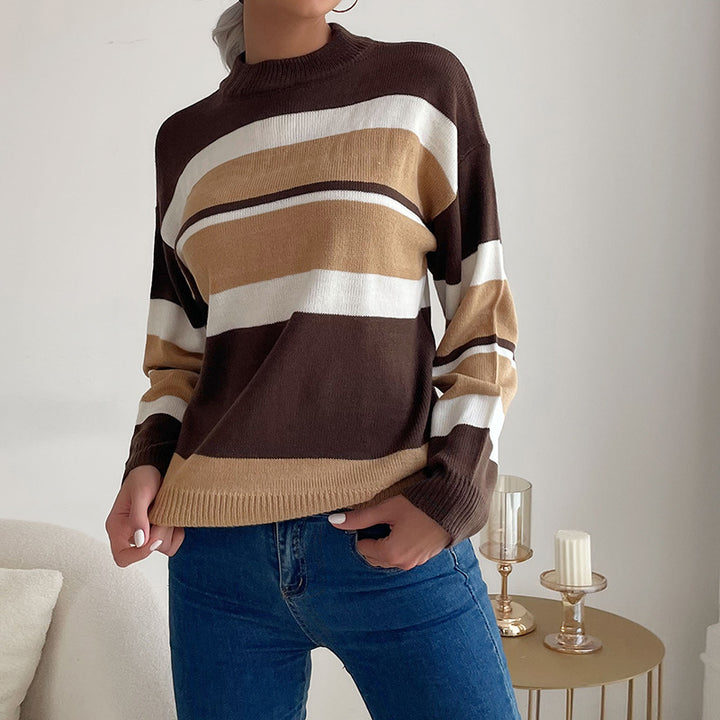 Damen modischer Strickpullover mit farbigem Streifenmuster und hohem Kragen Drune