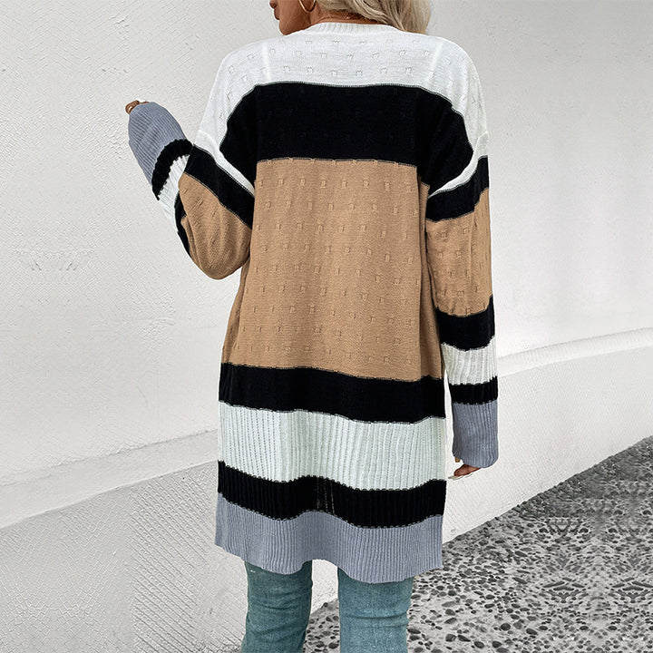 Damen Langer Strickcardigan mit modischem Streifenmuster und Taschen Drune