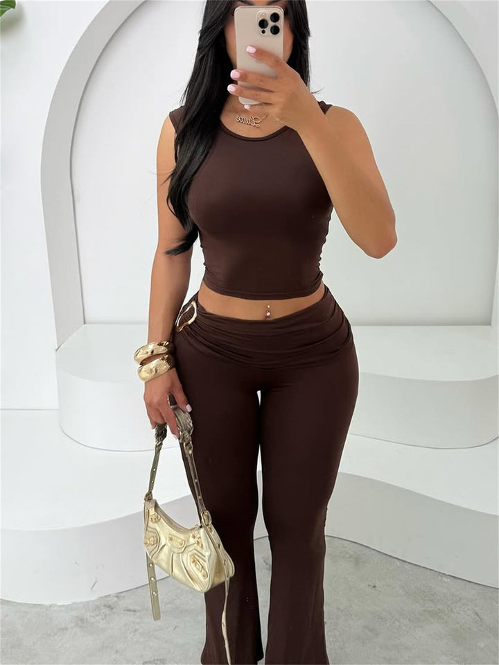Damen figurbetontes Crop-Top und flared Leggings Set Drune