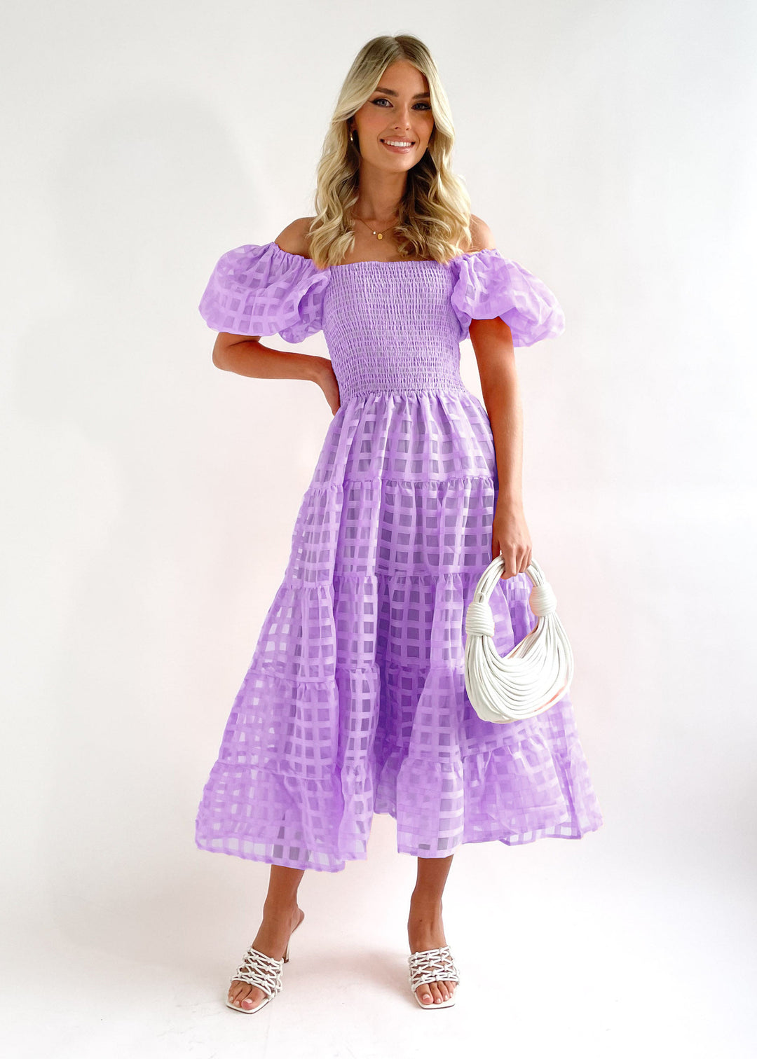 Damen Luftiges Maxikleid mit schwingendem Rock und voluminösen Puffärmeln Drune