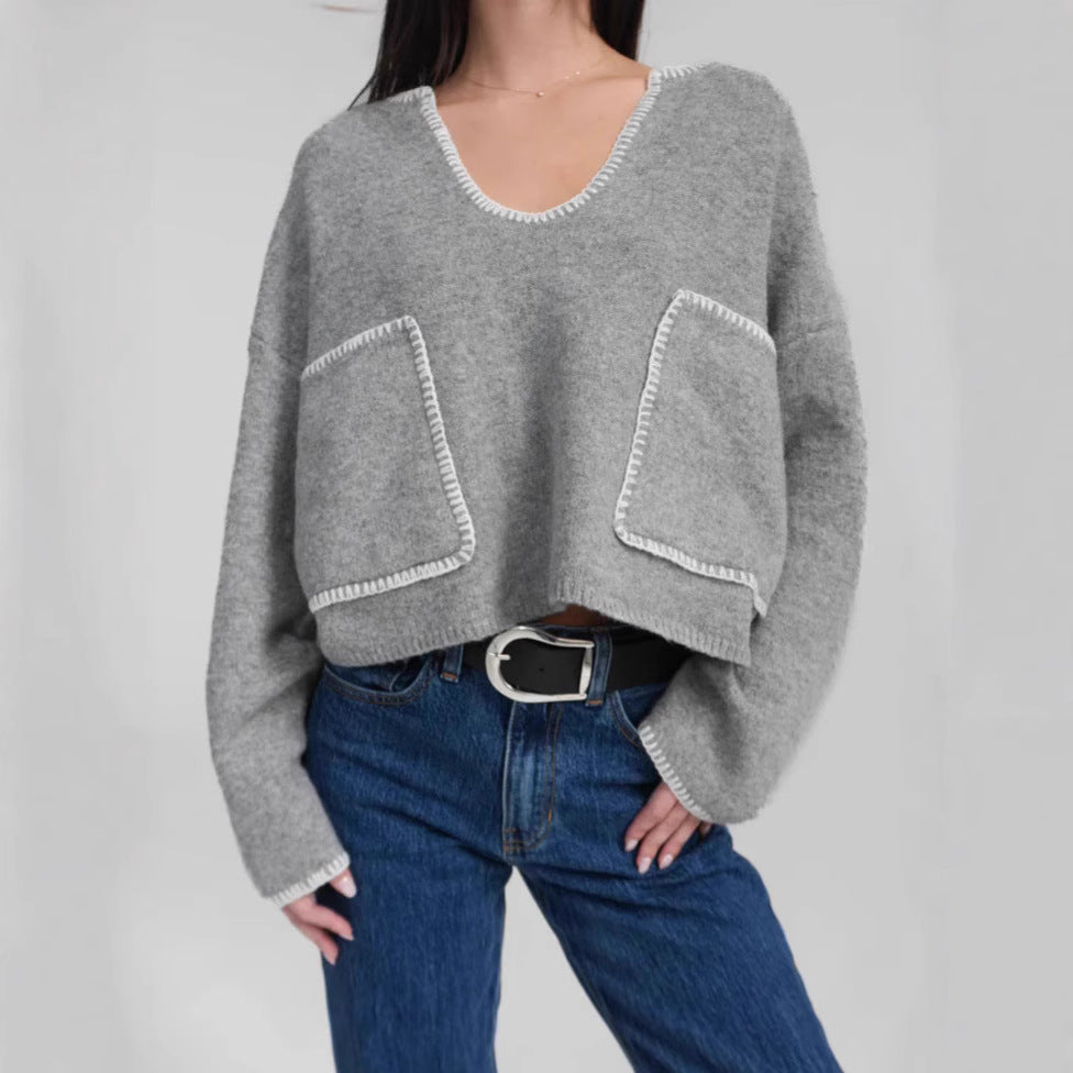 Damen gemütlicher Cropped Pullover mit asymmetrischem Design und praktischen Taschen Drune