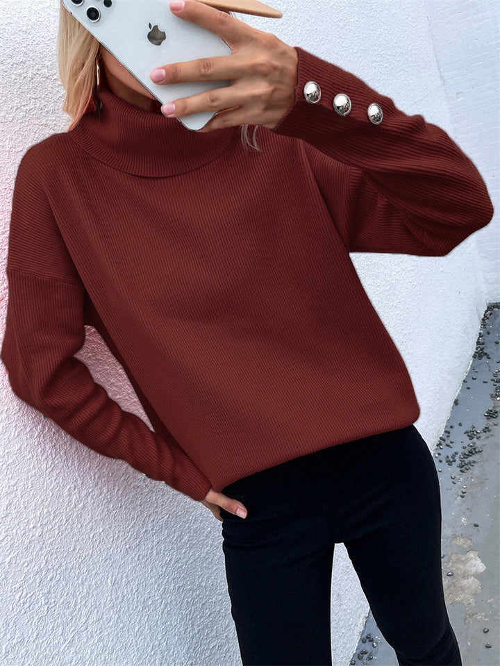 Damen Rollkragenpullover mit strukturiertem Design und Knopfdetails Drune