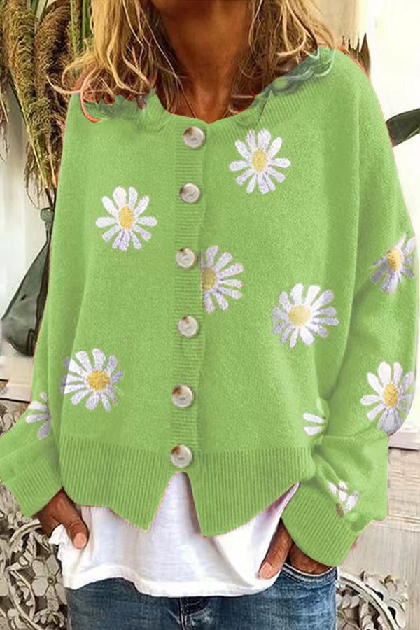 Damen modische Strickjacke mit floralem Muster und kurzen Ärmeln Drune