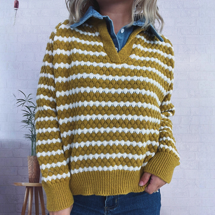 Damen Strickpullover mit tiefem V-Ausschnitt und markantem Streifenmuster Drune