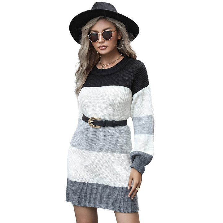 Damen Strickkleid mit eleganten Blockstreifen und modischem Gürtel Drune