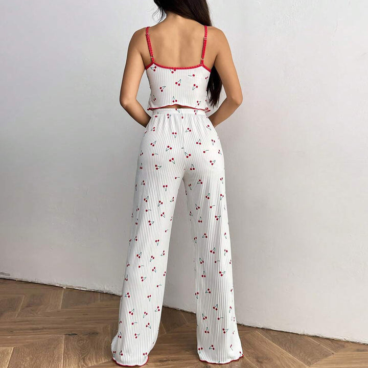 Damen Schlafanzug-Set mit fruchtigem Erdbeer-Muster und Rüschendetails Drune